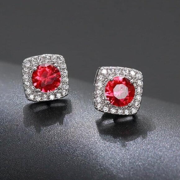 Jewelry - Women's Red Square Simulated Dainty Diamond Halo Sparkling Stud Earring